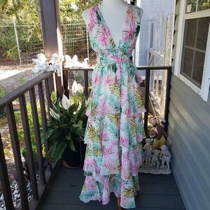 L'ATISTE Multi Way Tiered Long Maxi Dress Large Tropical Hawaiian Cottagecore